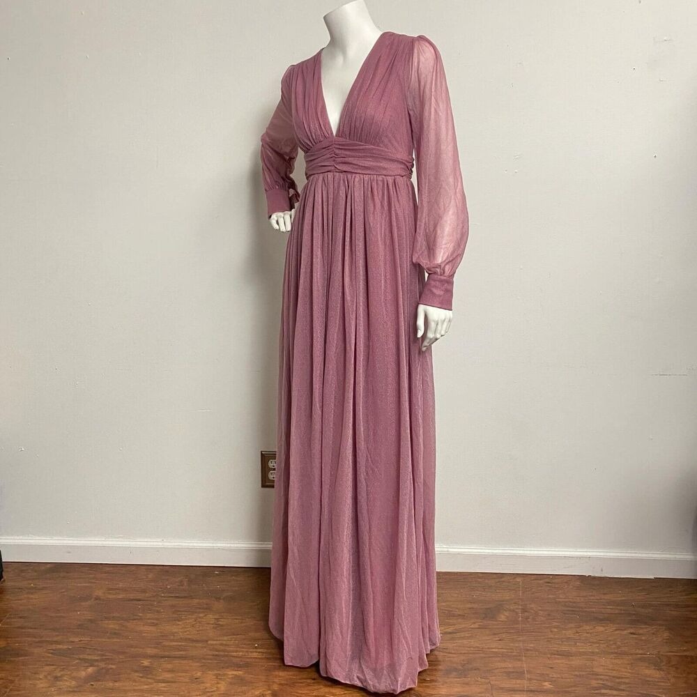 Faeriesty Dusty Rose VNeck Shear Long Sleeve Bridesmaid Dress Ruched A-line Sz S - Picture 4 of 12